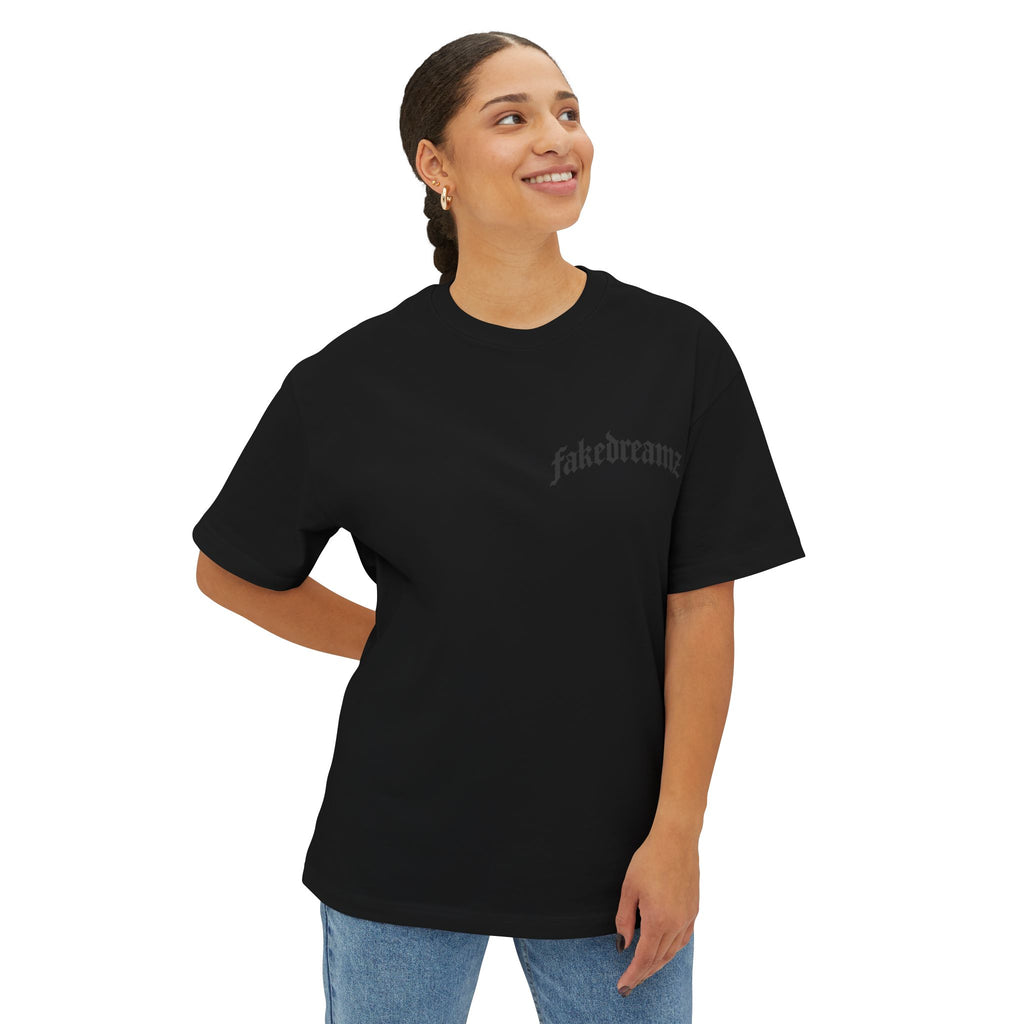 Fakedreamz Boxy Tee — Minimal Gothic Logo Oversized T-Shirt