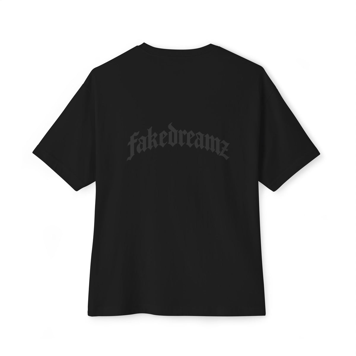 Fakedreamz Boxy Tee — Minimal Gothic Logo Oversized T-Shirt