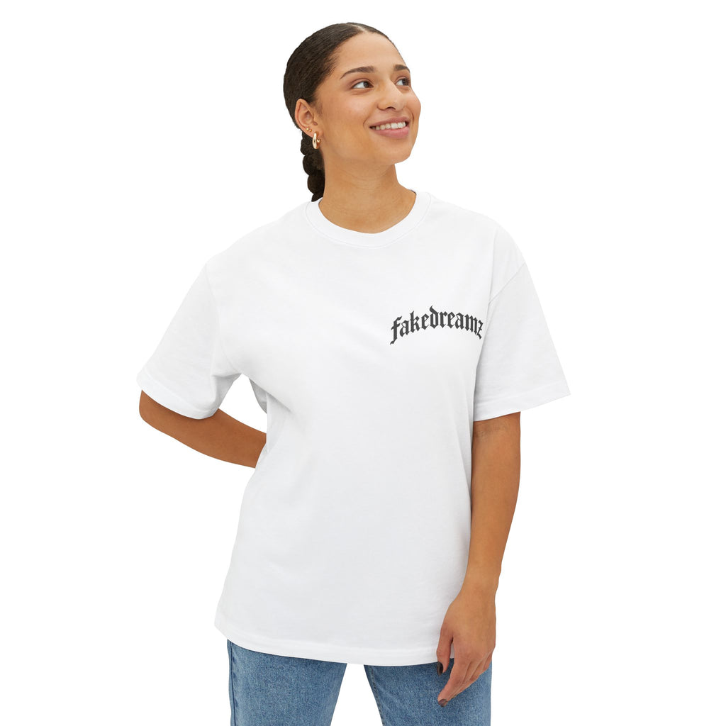 Fakedreamz Boxy Tee — Minimal Gothic Logo Oversized T-Shirt