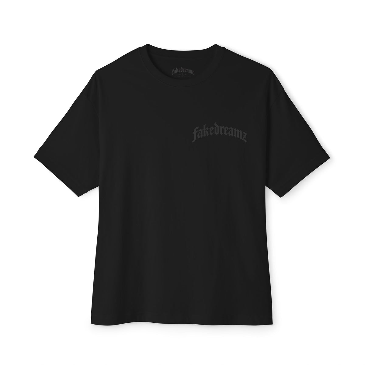 Fakedreamz Boxy Tee — Minimal Gothic Logo Oversized T-Shirt